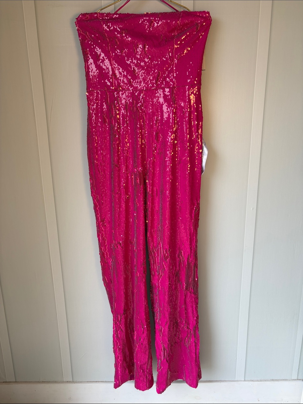 Strapless Sequin Jumpsuit in Fuchsia